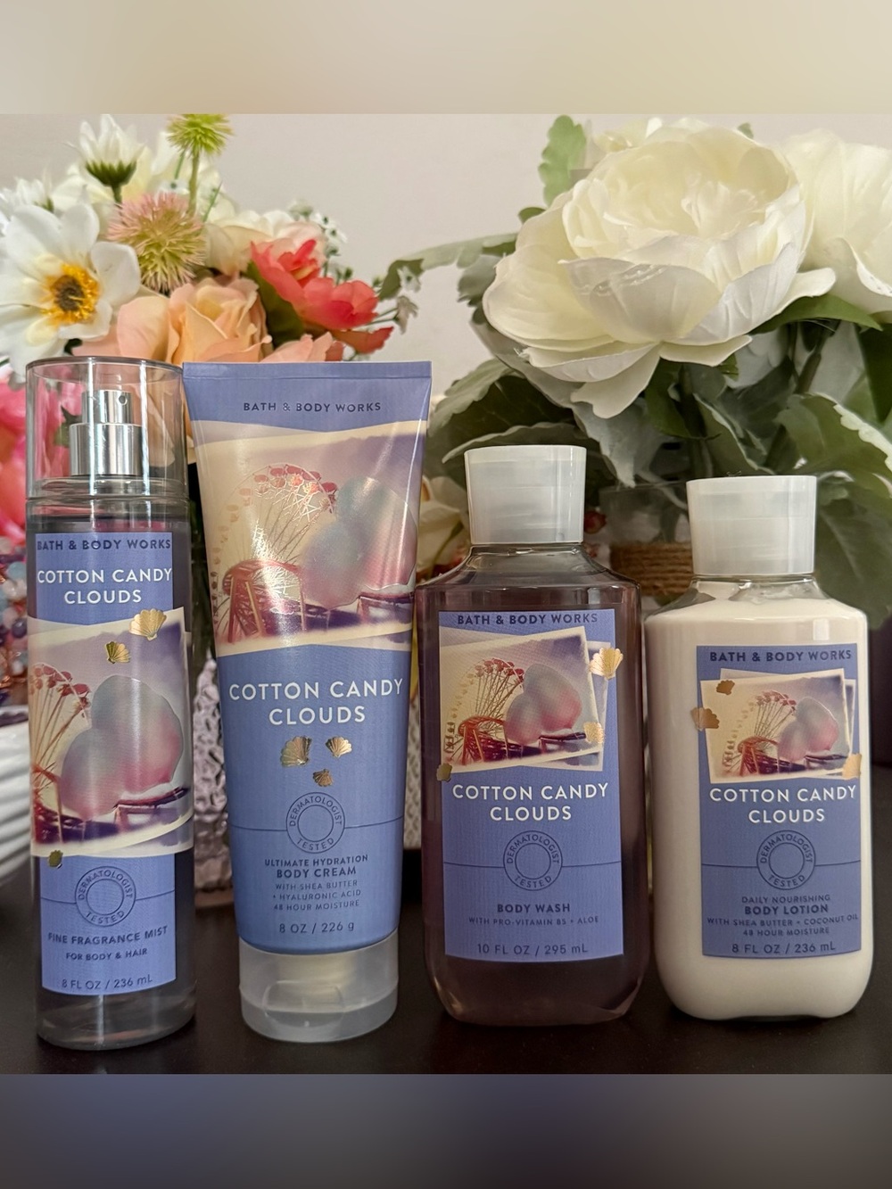 🆕🍬 BATH & BODY WORKS “COTTON CANDY CLOUDS” 4-PIECE BODY CARE SET. FULL SIZE. NEW